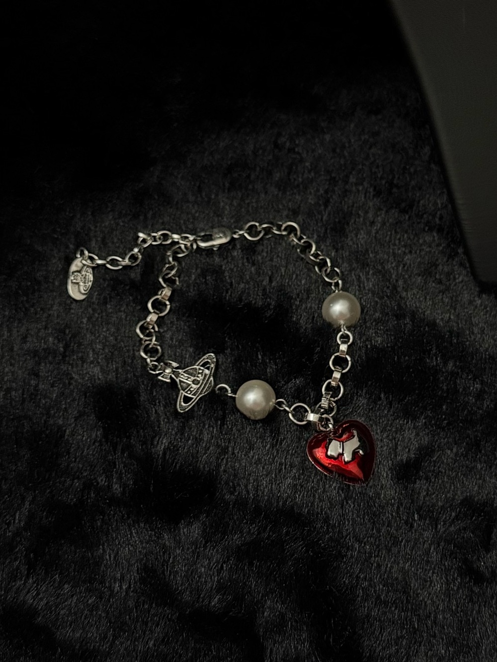 Red Heart Charm Pearl Detail Alloy Chain Bracelet New Y2K Gothic Daily Jewelry